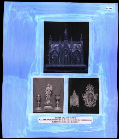 "Histoire générale du diocèse d'Évreux" du chanoine Bonnenfant tome I, planche XXV châsse de Saint-Taurin, calices et statuette de Notre-Dame de Grâce de la cathédrale et baisers de paix de Piencourt (Eure).