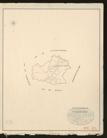 Notre-Dame-d'Epine. Tableau d'assemblage _ du Plan Parcellaire de la Commune de Notre-Dame-D'Epine _ Canton de Brionne - Bernay - Eure. _ Terminé sur le Terrain le 15 avril 1827, sous l'administration de M.le Vicomte Raymond Delaitre, Préfet _ M. Leseigneur, Maire _ en sous la Direction de M. Hurtrelle, Directeur des Contributions directes _ M. Hautier, Géomètre en Chef. _ Par M. Roger, Géomètre de 1re classe.