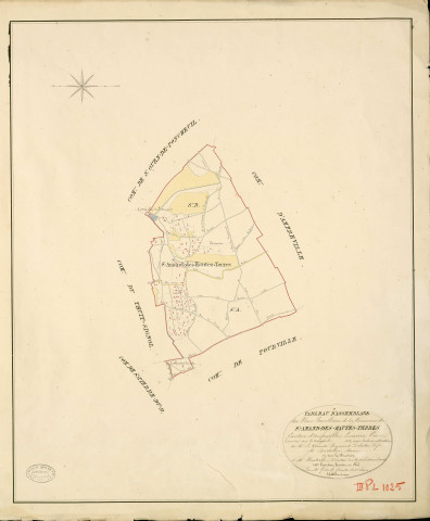 Saint-Amand-des-Hautes-Terres. Tableau d'assemblage _ du Plan Parcellaire de la Commune de St Amand-des-hautes-terres _ Canton d'Amfreville - Louviers - Eure. _ Terminé sur le Terrain en 1828 , sous l'administration de M. Le Vicomte Raymond Delaître , Préfet _ M. Berthelin, Maire _ sous la Direction de M.Hurtrelle, Directeur des Contributions directes _ M. Hautier, Géomètre en Chef. _ Par M. Gérard, Géomètre de 1re classe.