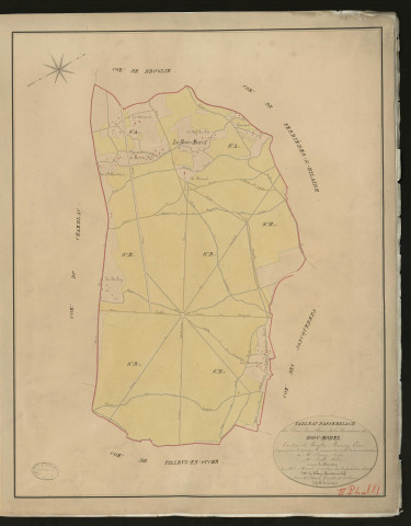 Bosc-Morel. Tableau d'assemblage _ du Plan Parcellaire de la Commune de Bosc-Morel _ Canton de Broglie - Bernay - Eure. _ Terminé sur le Terrain le 14 mars 1831, sous l'administration de M. Passy, Préfet _ M. Lerat, Maire _ en sous la Direction de M. Martel, Directeur des Contributions directes _ M. Le Fébure, Géomètre en Chef. _ Par M. Thorel, Géomètre de 1re classe.
