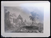 Lithographie représentant les ruines du prieuré de la Sainte-Trinité de Beaumont-le-Roger (Eure).
