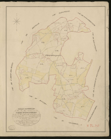 Saint-Denis-de-Bosguérard. Tableau d'assemblage _ du Plan Parcellaire de la Commune de St Denis-du-Boscguerard _ Canton de Bourgtheroulde - Pontaudemer - Eure. _ Terminé sur le terrain en 1828, sous l'administration de M.le Vicomte Raymond Delaitre, Préfet _ M. Belliard, maire _ en sous la Direction de M. Hurtrelle, Directeur des Contributions directes. _ M. Hautier, Géomètre en Chef. _ Par M. Lenglet, Géomètre de 1re classe.