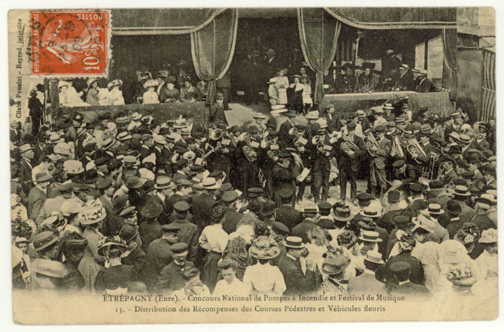 Etrépagny. Concours National de Pompes à Incendie et Festival de Musique. Distribution des Récompenses des Courses Pédestres et Véhicules fleuris.