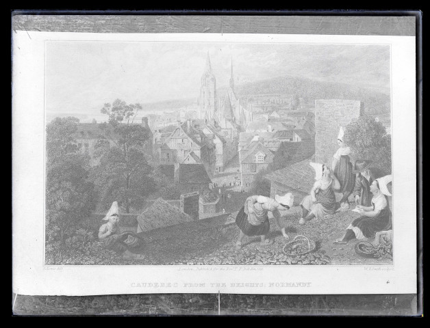 Lithographie représentant une vue de Caudebec-en-Caux (Seine-Maritime) prise des hauteurs du faubourg Saint-Clair.