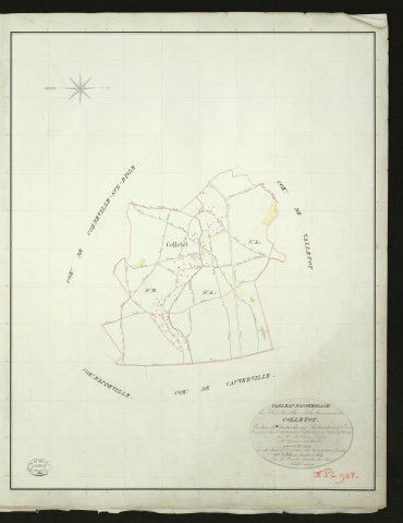 Colletot. Section B _ du Village _ Feuille Unqiue. Tableau d'assemblage _ du Plan Parcellaire de la Commune de Colletot _ Canton de Pontaudemer - Pontaudemer - Eure. _ Terminé sur le Terrain le 10 Juillet 1832, sous l'administration de M. A Passy, Préfet _ M. Quemin, Maire _ sous la Direction de M.Marel, Directeur des Contributions directes _ M. Le Fébure, Géomètre en Chef. _ Par M. Lenglet, Géomètre de 1re classe.