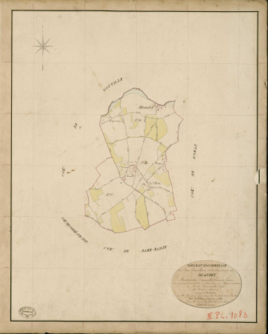 Blandey. Tableau d'assemblage _ du Plan Parcellaire de la Commune de Blandey _ Canton de Damville - Evreux - Eure. _ Terminé sur le Terrain le 27 Mars 1839 , sous l'administration de M. de Monicault, Préfet _ M. Cordon, Maire _ sous la Direction de M. Garnier, Directeur des Contributions directes _ M. Le Fébure, Géomètre en Chef. _ Par M. Depoilly, Géomètre de 1re classe.