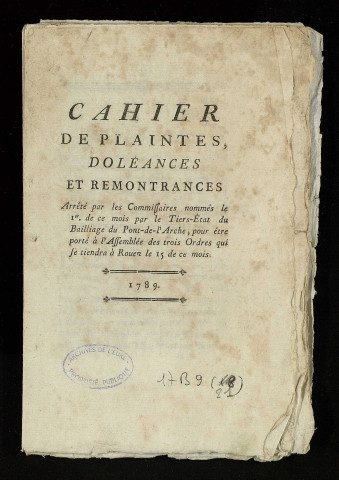 Cahier imprimé du Tiers-Etat.