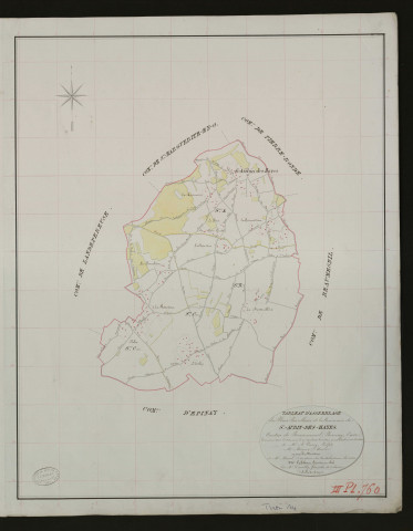 Saint-Aubin-des-Hayes. Tableau d'assemblage _ du Plan Parcellaire de la Commune de St-Aubin-des-Hayes. _ Canton de Beaumesnil - Bernay - Eure. _ Terminé sur le terrain le 19 septembre 1833 sous l'administration de M. A. Passy, Préfet _ M.Mioque maire _ en sous la Direction de M. Marel, Directeur des Contributions directes. _ M. Le Fébure, Géomètre Chef. _ Par M. Depeilly, Géomètre de 1re classe.