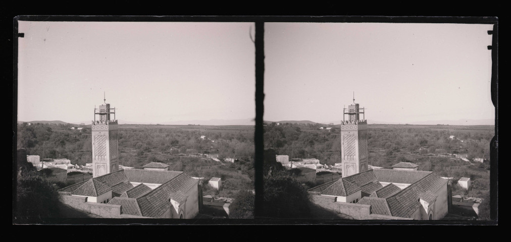 Vue générale de la campagne et d'un minaret.