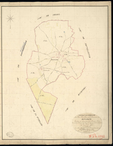 Mousseaux-Neuville. Tableau d'assemblage _ du Plan Parcellaire de la Commune de Mousseaux _ Canton de Saint André - Evreux - Eure. _ Terminé sur le Terrain le 20 Novembre 1837, sous l'administration de M. Passy, Préfet _ M. paumier, Maire _ et sous la Direction de M. Marel, Directeur des Contributions directes _ M. Le Fébure, Géomètre en Chef. _ Par M. Drouet, Géomètre de 1re classe.