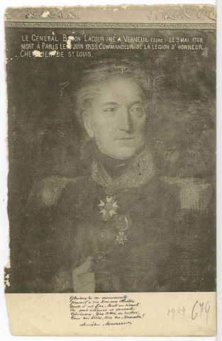 Verneuil-sur-Avre. Le Général B. Lacour, né à Verneuil (Eure) le 9 mai 1760 mort à Paris le ? Juin 1839, Commandeur de la Légion d'Honneur.