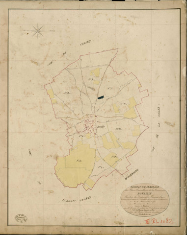 Avrilly. Tableau d'assemblage _ du Plan Parcellaire de la Commune d'Avrilly _ Canton de Damville - Evreux - Eure. _ Terminé sur le Terrain le 2 Décembre 1838 , sous l'administration de M. de Monicault, Préfet _ M. Dupuis, Maire _ sous la Direction de M. Garnier, Directeur des Contributions directes _ M. Le Fébure, Géomètre en Chef. _ Par M. Canu, Géomètre de 1re classe.