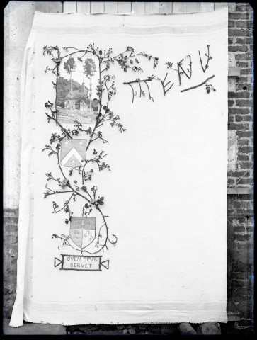 Menu avec dessin de la chapelle Saint-Jean-Baptiste-de-l'Essart Mador à Lyons-la-Forêt (Eure).