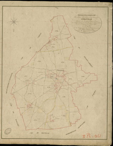 Emanville. Tableau d'assemblage _ du Plan Parcellaire de la Commune d'Emanville _ Canton de Conches - Evreux - Eure. _ Terminé sur le Terrain le 22 Novembre 1854 , sous l'administration de M. Le Marquis de Ste Croix, Préfet _ M. Siouret, Maire _ sous la Direction de M. Masson, Directeur des Contributions directes _ M. Le Fébure, Géomètre en Chef. _ Par M. Martin, Géomètre de 1re classe.