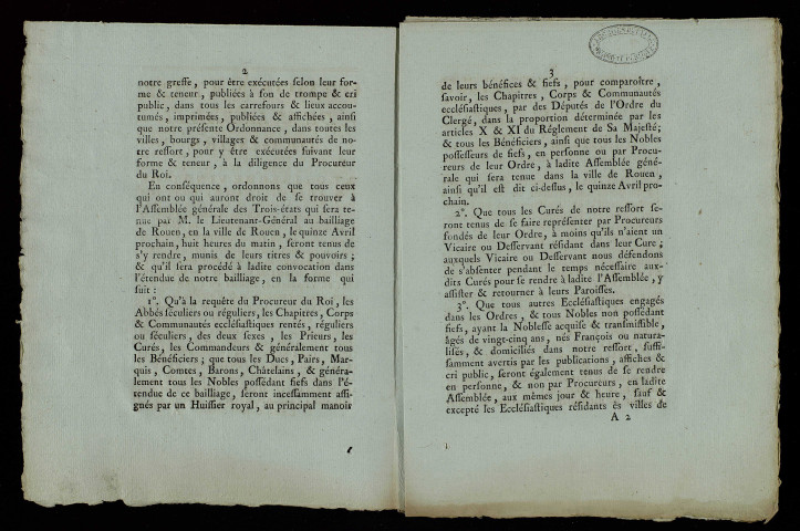 Ordonnance du bailli de Gisors pour la publication des lettres du roi du 24 janvier 1789, en exécution des ordres du roi et de l'ordonnance du lieutenant général au bailliage de Rouen.