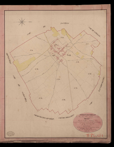 Vesly. Tableau d'assemblage du Plan Parcellaire de la Commune de Vesly. _ Canton de Gisors - Andelys - Eure. _ Terminé sur le terrain le 2 septembre 1840, sous l'administration de M. de Monicault, Préfet - M. Guesnier, Maire et sous la direction de M. Garnier, Directeur des Contributions directes. _ M. Le Fébure, Géomètre en Chef. _ Par M. Renault, Géomètre de 1re classe