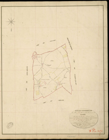 Nagel-Seez-Mesnil. Tableau d'assemblage _ du Plan Parcellaire de la Commune de Nagel _ Canton de Conches - Evreux - Eure. _ Terminé sur le Terrain le 5 Septembre 1853 , sous l'administration de M. Le Marquis de Ste Croix, Préfet _ M. Bagot, Maire _ sous la Direction de M. Chauveau, Directeur des Contributions directes _ M. Lefébure, Géomètre en Chef. _ Par M. Lefébure Désiré, Géomètre de 1re classe.