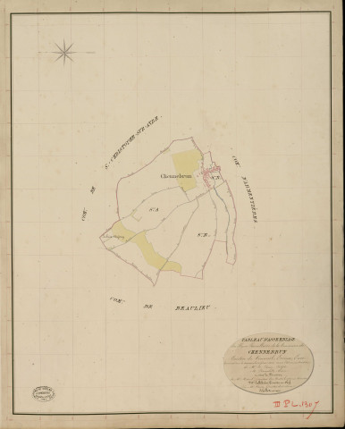 Chennebrun. Tableau d'assemblage _ du Plan Parcellaire de la Commune de Chennebrun _ Canton de Verneuil - Evreux - Eure. _ Terminé sur le Terrain le 20 Février 1836, sous l'administration de M. A. Passy, Préfet _ M. Renault, Maire _ et sous la Direction de M. Marel, Directeur des Contributions directes _ M. Le Fébure, Géomètre en Chef. _ Par M. Canu, Géomètre de 1re classe.