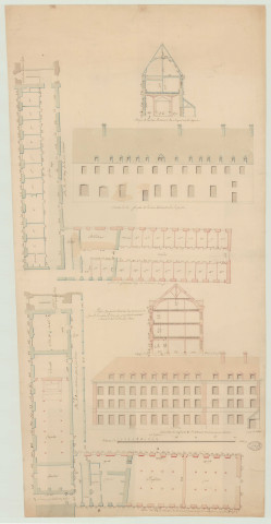 Evreux _Séminaire Saint-Taurin. _ "Plan, coupes (cotés et légendés) et élévations du Grand Séminaire d'Evreux."