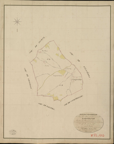 Longuelune. Tableau d'assemblage _ du Plan Parcellaire de la Commune de Longuelune _ Canton de Verneuil - Evreux - Eure. _ Terminé sur le Terrain le 20 Septembre 1836, sous l'administration de M. A. Passy, Préfet _ M. Landais, Maire _ et sous la Direction de M. Marel, Directeur des Contributions directes _ M. Le Fébure, Géomètre en Chef. _ Par M. Gondouin, Géomètre de 1re classe.