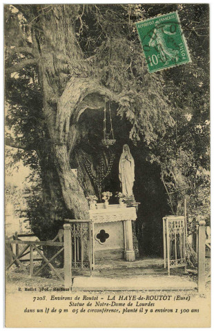 Haye-de-Routot (La). Environs de Routot - La Haye-de-Routot (Eure) Statue de Notre-Dame de Lourdes dans un If de 9m05 de circonférence, planté il y a environ 1500 ans.