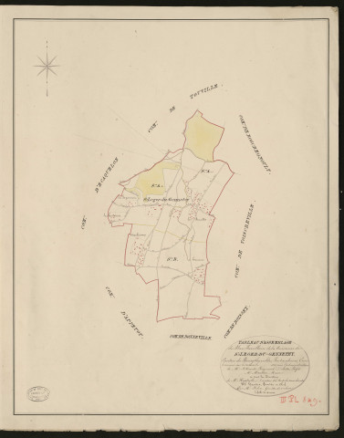 Saint-Léger-du-Gennetey. Tableau d'assemblage _ du Plan Parcellaire de la Commune de Saint-Léger-du-Gennetey _ Canton de Bourgtheroulde - Pontaudemer - Eure. _ Terminé sur le terrain en 1828, sous l'administration de M.le Vicomte Raymond Delaitre, Préfet _ M. Montier, maire _ en sous la Direction de M. Hurtrelle, Directeur des Contributions directes. _ M. Hautier, Géomètre en Chef. _ Par M. Folin, Géomètre de 1re classe.