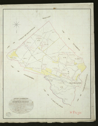 Manneville-sur-Risle. Tableau d'assemblage _ du Plan Parcellaire de la Commune de Manneville-sur-Risle _ Canton de Pontaudemer - Pontaudemer - Eure. _ Terminé sur le Terrain le 20 Septembre 1835, sous l'administration de M. A Passy, Préfet _ M. Rougeault, Maire _ sous la Direction de M.Marel, Directeur des Contributions directes _ M. Le Fébure, Géomètre en Chef. _ Par M. Depoilly, Géomètre de 1re classe.