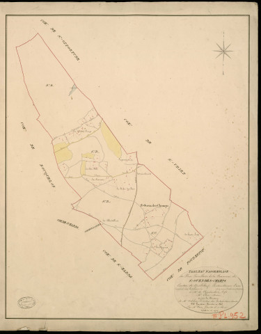 Saint-Ouen-des-Champs. Tableau d'assemblage _ du Plan Parcellaire de la Commune de Ste Ouen-des-Champs _ Canton de Quillebeuf - Pontaudemer - Eure. _ Terminé sur le Terrain en 1824, sous l'administration de M. de Chambaudoin, Préfet _ M. Elou, Maire _ sous la Direction de M.Aubelin, Directeur des Contributions directes _ M. Hautier, Géomètre en Chef. _ Par M. Canu, Géomètre de 1re classe.