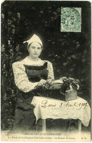 Divers. Scènes de la Vie Normande. - Etude de Coiffures et Costumes anciens - Le bonnet de Coton.