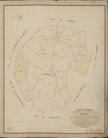 Champigny-la-Futelaye. Tableau d'assemblage _ du Plan Parcellaire de la Commune de Champigny _ Canton de Saint André - Evreux - Eure. _ Terminé sur le Terrain le 12 Aout 1837, sous l'administration de M. Passy, Préfet _ M. Malassis, Maire _ et sous la Direction de M. Marel, Directeur des Contributions directes _ M. Le Fébure, Géomètre en Chef. _ Par M. Canu, Géomètre de 1re classe.
