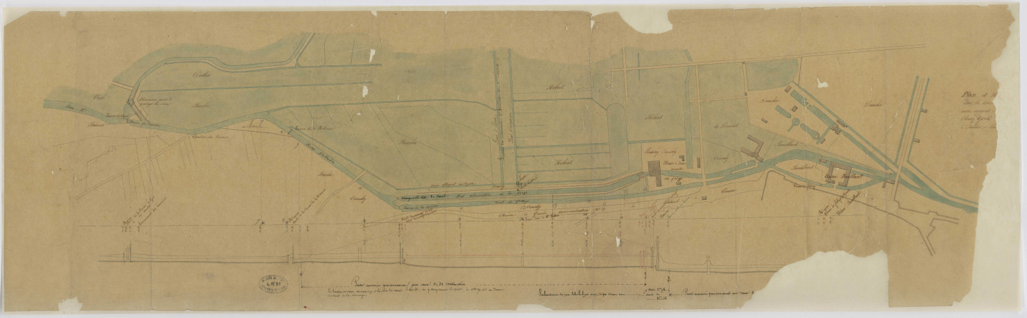 Plan et coupe du tracé de l'Iton à Navarre, entre la vanne du Chantier et l'Usine Bouillant.