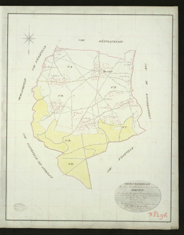 Brestot. Tableau d'assemblage _ du Plan Parcellaire de la Commune de Brestot _ Canton de Montfort - Pontaudemer - Eure. _ Terminé sur le Terrain le 24 février 1832, sous l'administration de M. A Passy, Préfet _ M. Godin, Maire _ sous la Direction de M.Marel, Directeur des Contributions directes _ M. Le Fébure, Géomètre en Chef. _ Par M. Gérard, Géomètre de 1re classe.