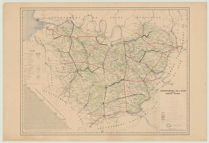 Carte routière du département de l'Eure. Routes et chemins soumis à circulation intense