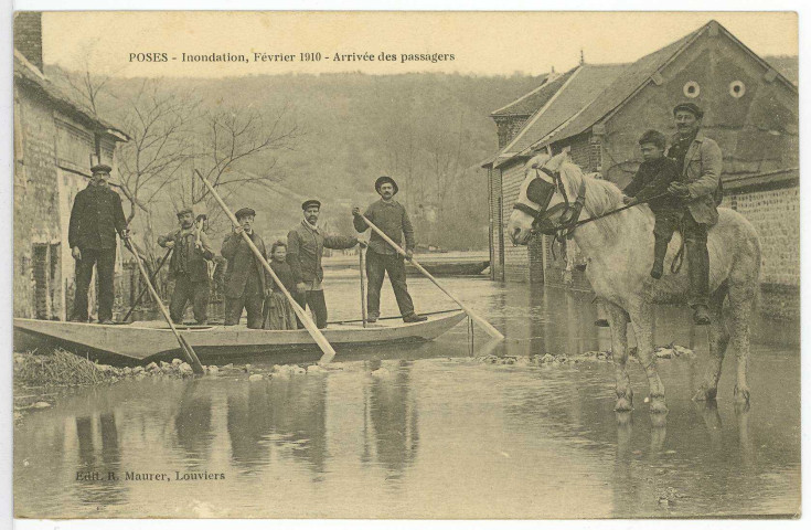 Poses. Inondation, février 1910 - Arrivée des passagers.