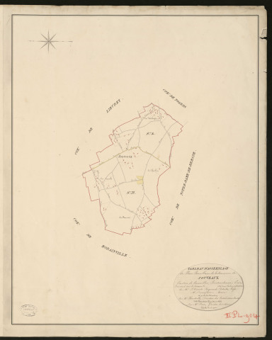 Jouveaux. Tableau d'assemblage du Plan Parcellaire de la Commune de Jouveaux _ Canton de Cormeilles - Pont-Audemer - Eure _ Terminé sur le terrain le 1826, sous l'administration de M. Le Vicomte Raymond Delaitre, Préfet - M. Deparfouru, Maire et sous la direction de M. Hurtrelle, Directeur des Contributions directes. _ M. Hautier, Géomètre en Chef. _ Par M. Canu, Géomètre de 1re classe