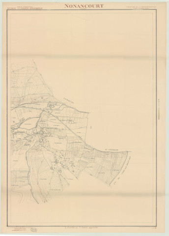 Nonancourt _ MRU _ Croquis topographique, document de première approximation en 3 feuilles, d'après les agrandissements des plans cadastraux complétés par des photographies aériennes