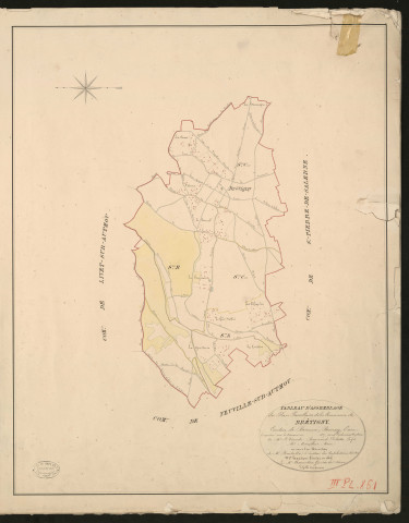 Brétigny. Tableau d'assemblage du Plan Parcellaire de la Commune de Brétigny. _ Canton de Brionne - Bernay - Eure. _ Terminé sur le terrain en 1827, sous l'administration de M. Le Vicomte Raymond Delaitre, Préfet - M. Marabout, Maire et sous la direction de M. Hurtelle, Directeur des Contributions directes. _ M. Hautier, Géomètre en Chef. _ Par M. Charpentier, Géomètre de 1re classe