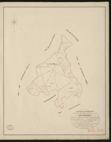 Thuit-Hébert. Tableau d'assemblage du Plan Parcellaire de la Commune de Thuit-Hébert. _ Canton de Bourgtheroulde - Pontaudemer - Eure. _ Terminé sur le terrain en 1828, sous l'administration de M. Le Vicomte Raymond Delaitre, Préfet - M. Duval d'Angoville, Maire et sous la direction de M. Hurtelle, Directeur des Contributions directes. _ M. Hautier, Géomètre en Chef. _ Par M. Lefebvre, Géomètre de 1re classe