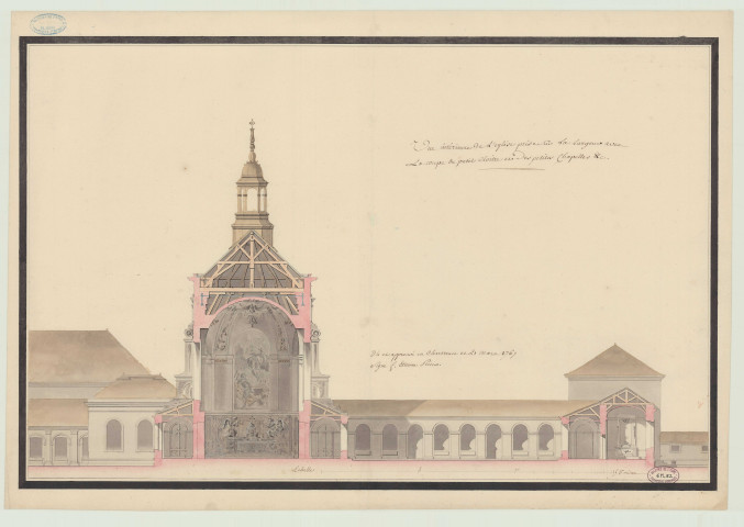 Aubevoye _Chartreuse de Bourbon-lès-Gaillon. _ "Vue extérieure de l'église prise sur la largeur avec la coupe du petit cloître et des petites chapelles… Coupe transversale du chœur de l'église et élévation du petit cloître ".