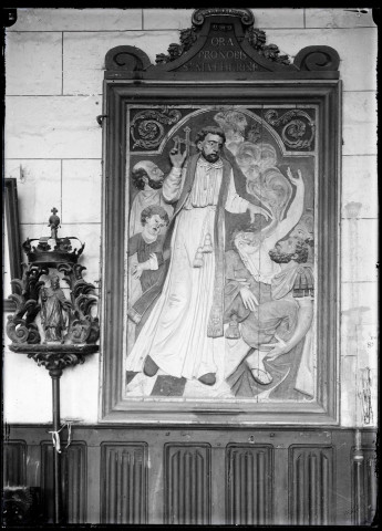 Panneau sculpté en bois représentant Saint-Mathurin de l'église de Goupillières (Eure).