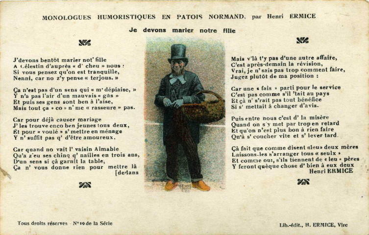 Divers. Monologue humoristiques en patois normand, par Henri Ermice. - Je devons marier notre fille.