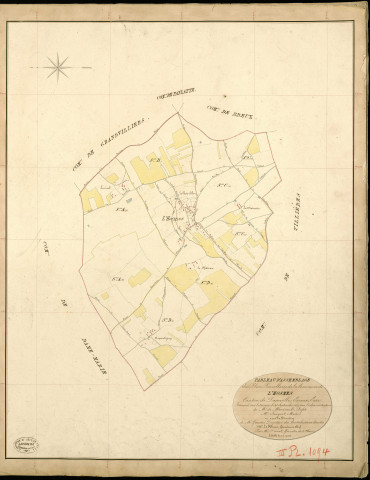 Hosmes (L'). Tableau d'assemblage _ du Plan Parcellaire de la Commune d'Hosmes _ Canton de Damville - Evreux - Eure. _ Terminé sur le Terrain le 28 Septembre 1839 , sous l'administration de M. de Monicault, Préfet _ M. Sauguet, Maire _ sous la Direction de M. Garnier, Directeur des Contributions directes _ M. Le Fébure, Géomètre en Chef. _ Par M. Drouet, Géomètre de 1re classe.