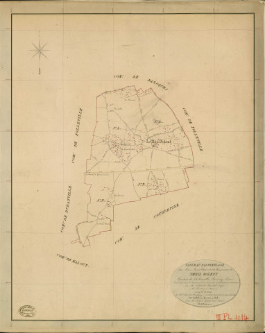 Theil-Nolent (Le). Tableau d'assemblage _ du Plan Parcellaire de la Commune de Theil Nolent _ Canton de Thiberville - Bernay - Eure. _ Terminé sur le Terrain le 20 Juin 1849 , sous l'administration de M. Petit de Bantel, Préfet _ M. Philippe, Maire _ sous la Direction de M.Violas de Martigny, Directeur des Contributions directes _ M. Le Fébure, Géomètre en Chef. _ Par M. Pizier, Géomètre de 1re classe.