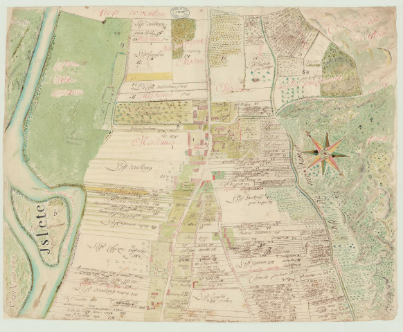 Bouafles - Atlas des plans terriers de la paroisse. *, Cahier (dérelié) de 22 pages comprenant 10 plans parcellaires avec le nom des tenanciers, les numéros de parcelles et les superficies (extrait de H 1306 Abbaye de Saint-Léger de Préaux). Le titre est au recto, le plan au verso, reliure parchemin conservée.