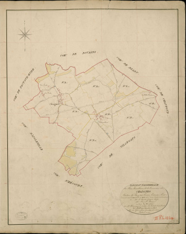 Chaignes. Tableau d'assemblage _ du Plan Parcellaire de la Commune de Chaignes _ Canton de Pacy sur Eure - Evreux - Eure. _ Terminé sur le Terrain le 4 Aout 1851, sous l'administration de M. Le Marquis de Ste Croix, Préfet _ M. Hurel, Maire _ et sous la Direction de M. Chauveau, Directeur des Contributions directes _ M. Lefébure, Géomètre en Chef. _ Par M. Lefebure félix, Géomètre de 1re classe.