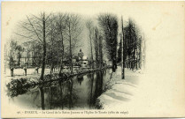 Evreux-Ville. Le Canal de la Reine Jeanne et Église St-Taurin (effet de neige).