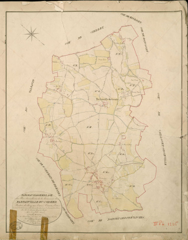 Martainville-du-Cormier. Tableau d'assemblage _ du Plan Parcellaire de la Commune de Martainville du Cormier _ Canton de Pacy sur Eure - Evreux - Eure. _ Terminé sur le Terrain le 25 Novembre 1851, sous l'administration de M. Le Comte Guyot, Préfet _ M. Langlois, Maire _ et sous la Direction de M. Chauveau, Directeur des Contributions directes _ M. Lefébure, Géomètre en Chef. _ Par M. Lefebure, Géomètre de 1re classe.