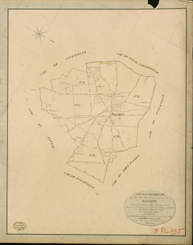 Bazoques. Tableau d'assemblage _ du Plan Parcellaire de la Commune de Bazoques _ Canton de Thiberville - Bernay - Eure. _ Terminé sur le Terrain le 9 Juillet 1846 , sous l'administration de M. Petit de Bantel, Préfet _ M. Vauguelin, Maire _ sous la Direction de M.Violas de Martigny, Directeur des Contributions directes _ M. Le Fébure, Géomètre en Chef. _ Par M. Pizier, Géomètre de 1re classe.