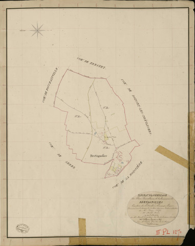 Bretagnolles. Tableau d'assemblage _ du Plan Parcellaire de la Commune de Bretagnolles _ Canton de Saint André - Evreux - Eure. _ Terminé sur le Terrain le 25 Mai 1837, sous l'administration de M. Passy, Préfet _ M. Mulot, Maire _ et sous la Direction de M. Marel, Directeur des Contributions directes _ M. Le Fébure, Géomètre en Chef. _ Par M. Pizier, Géomètre de 1re classe.
