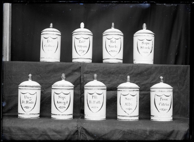 Collection de pots à pharmacie de l'officine de Monsieur Homais, personnage du roman Madame Bovary de Flaubert, conservée au musée de Ry (Seine-Maritime).